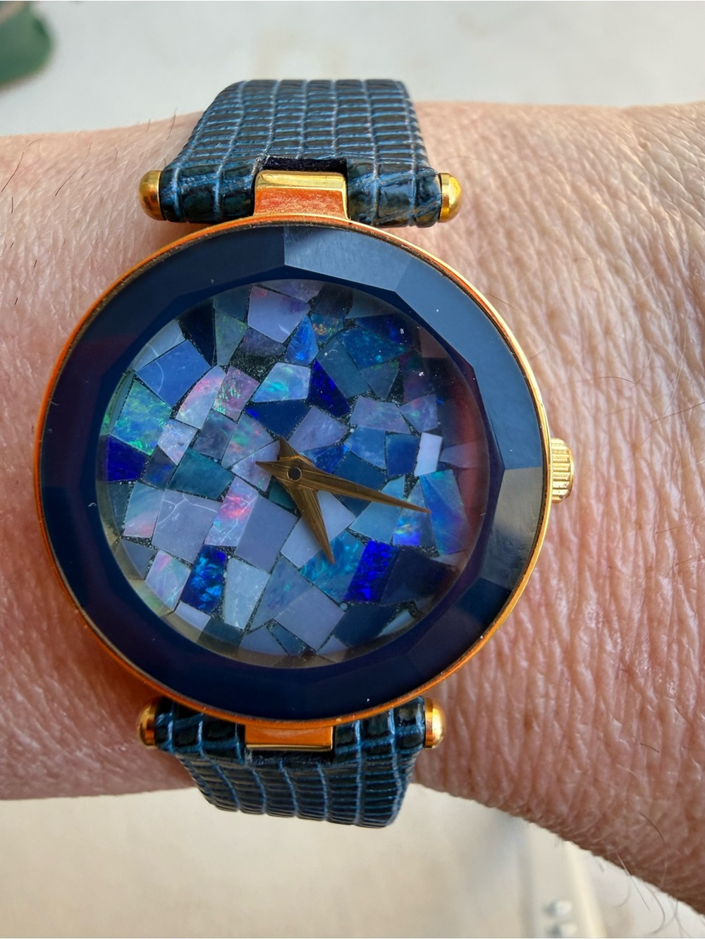Stunning Australian Opal Mosaic Dial Watch – Gold‑Tone Case – Mint Blue Strap –